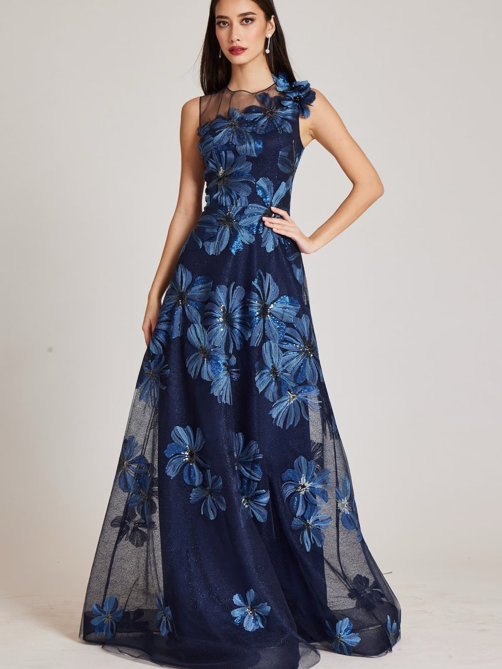 Blue Appliqué FLORAL EMBROIDERED TULLE GOWN WITH 3D FLOWERS mother of bride